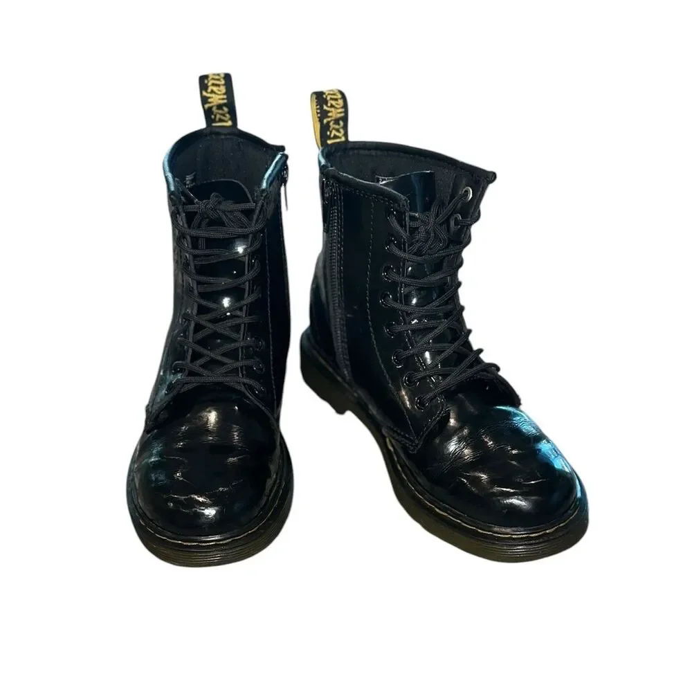 Dr. Martens Kids Patent Leather Combat Boots  Black Zip Lace-Up Ankle Boots US 3